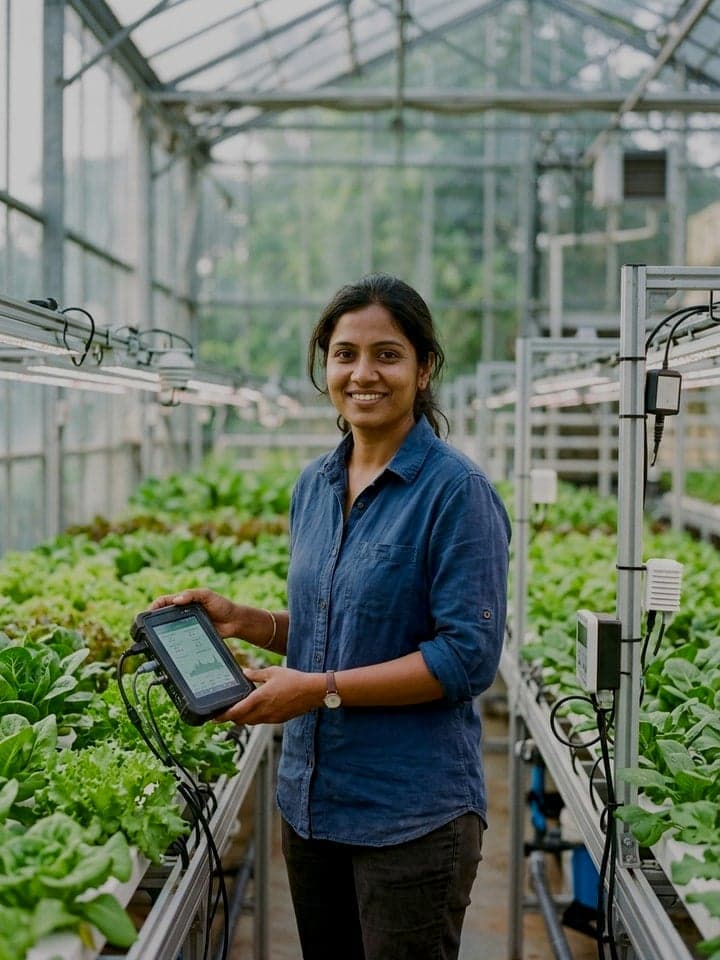 An agronomist checking plants in a polyhouse, holding a tablet.
