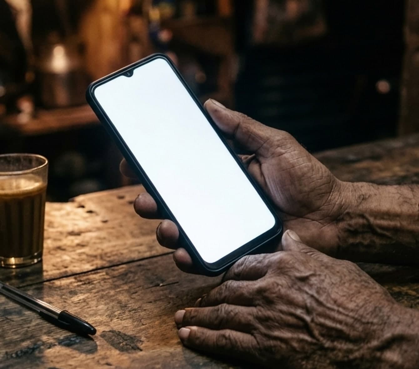 A shopkeeper's hands resting on a wooden counter at night, holding a phone.